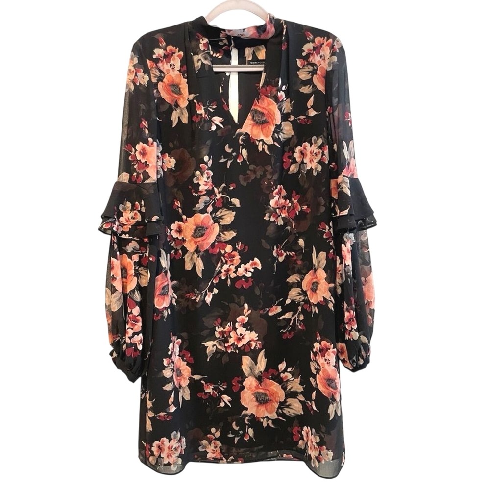WHITE HOUSE BLACK MARKET Floral Chiffon Mock Neck Keyhole Long Slv‎ Dress Size S